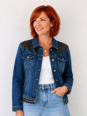Chico's 1 8 10 M Denim Medium Wash Brass Studs Lace Gold Trim Trucker Jacket